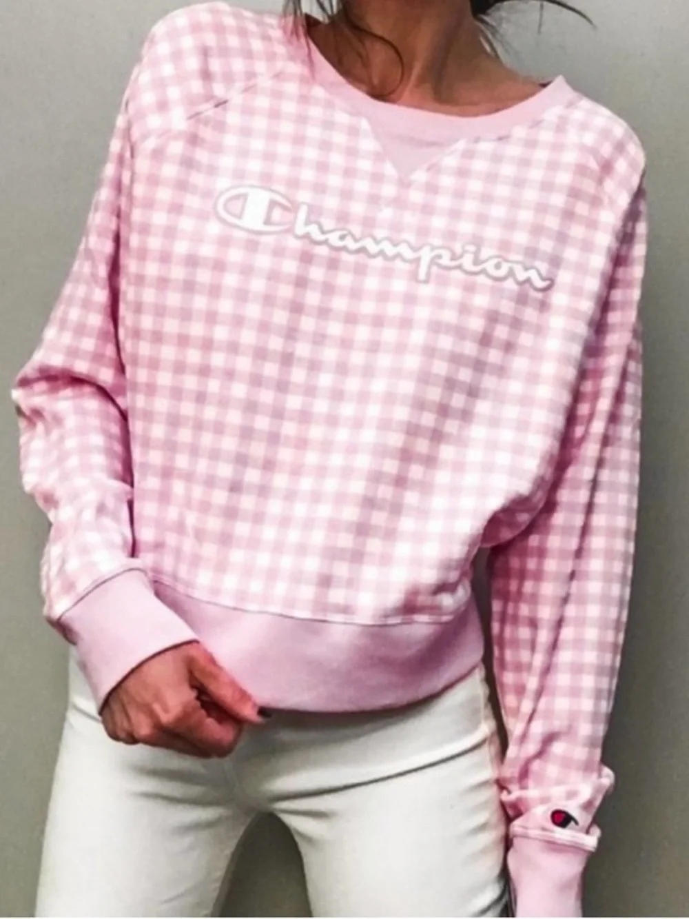 Champion Sweatshirt Pink Gingham Checkered Size M - Picture 10 of 11